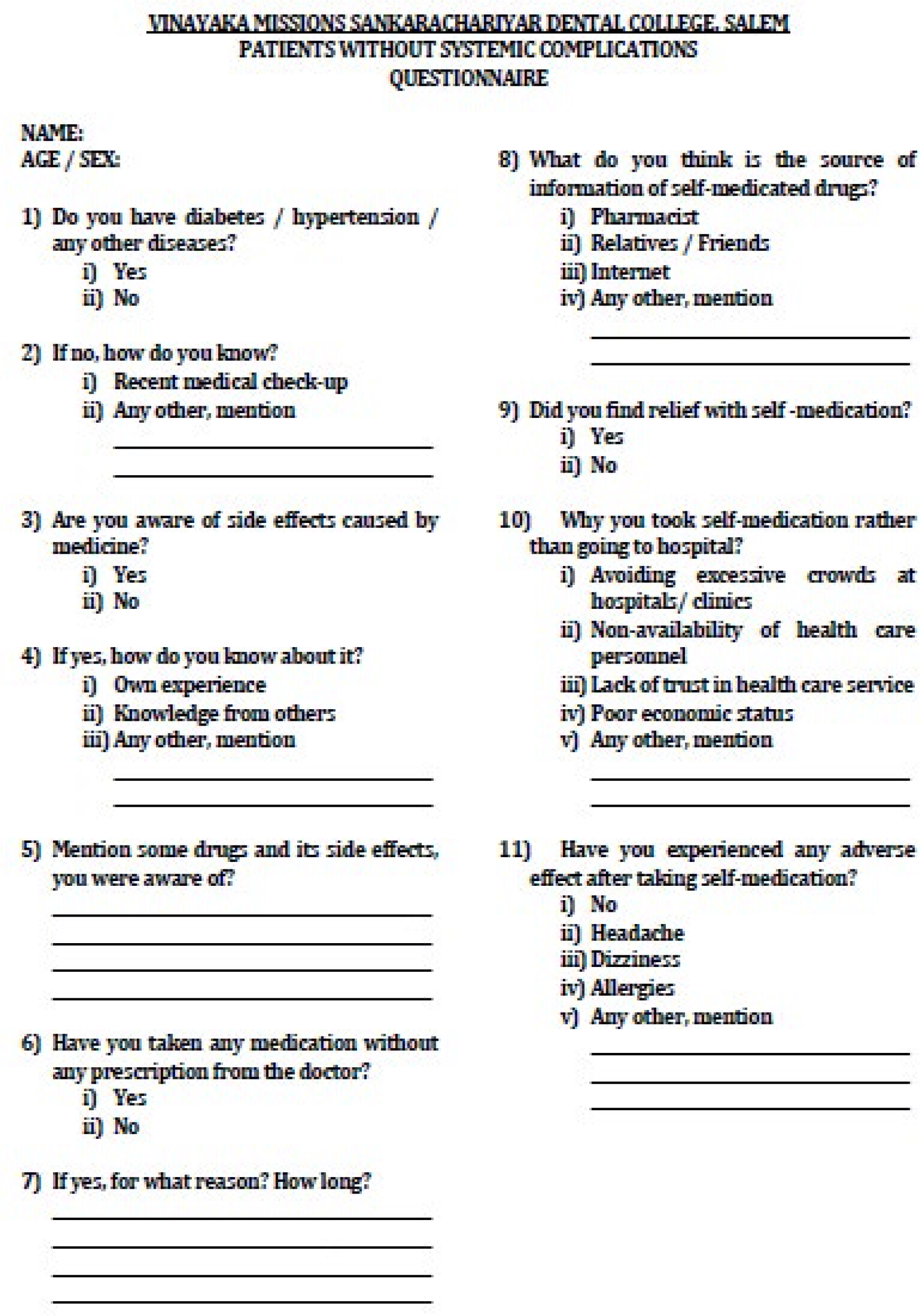 Questionnaire for participants of Group II.