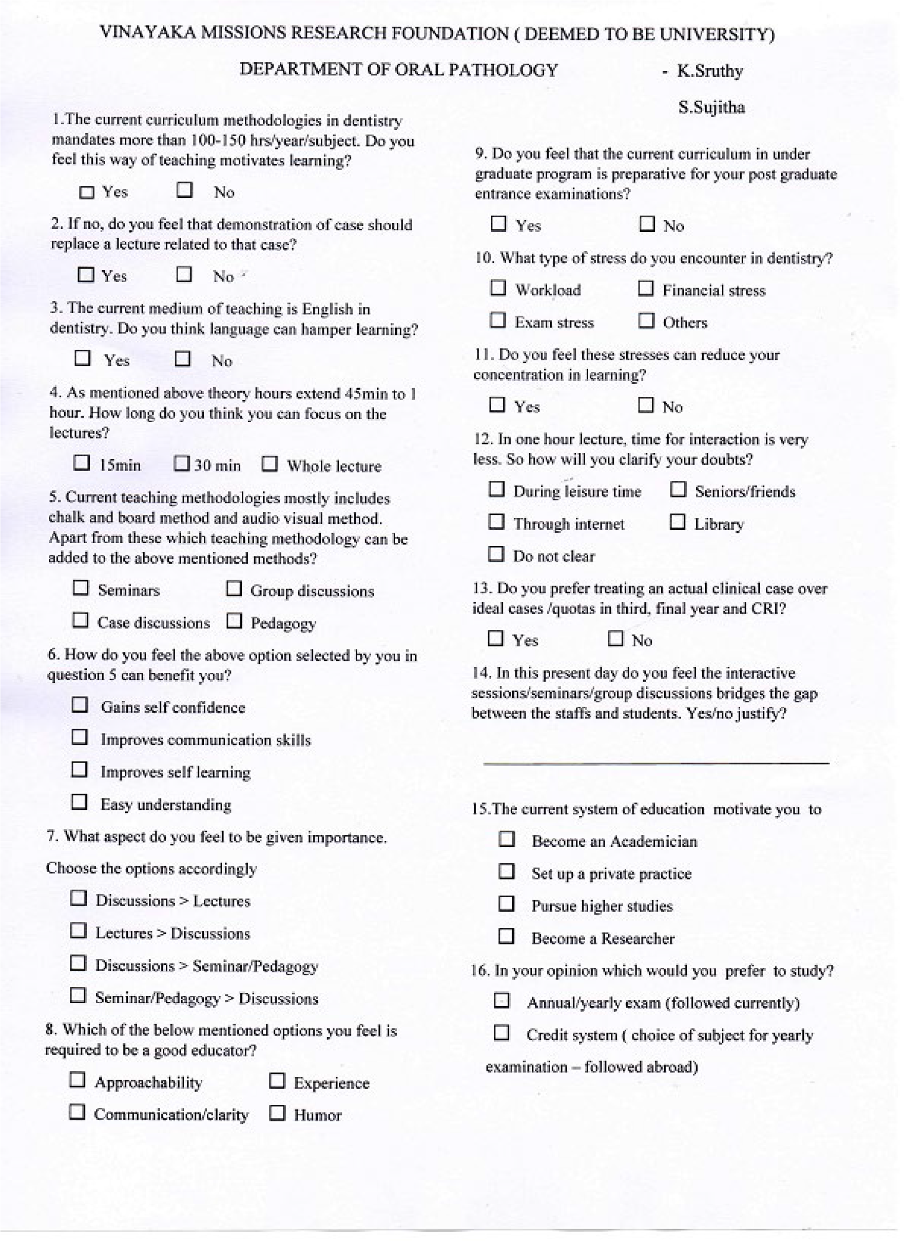 Questionnaire for students.