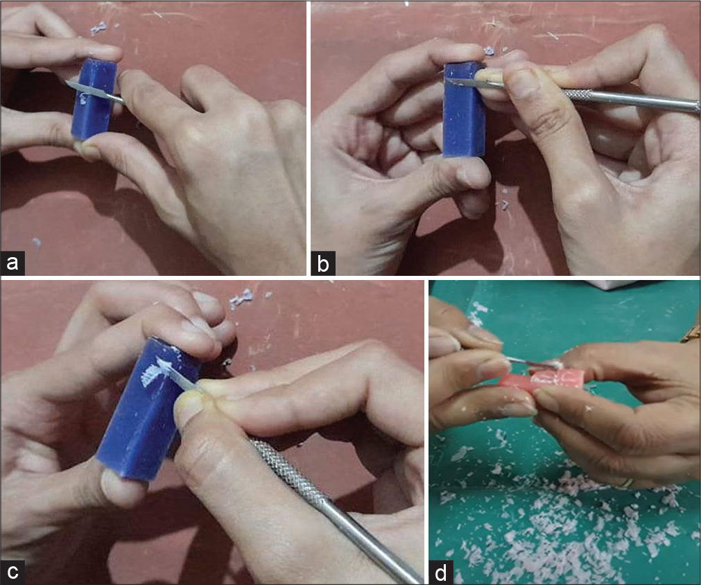 Different types of grasps (a) palm and thumb grasp, (b) modified pen grasp/grip, (c) pen grasp/grip, and (d) carving demonstration.